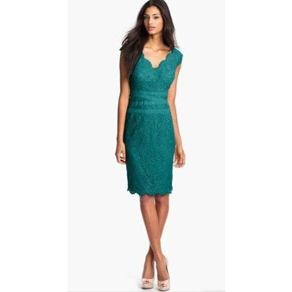 Tadashi Shoji Sheath Dress Womens Size 14 Green Embroidered Lace Corded V Neck - Picture 1 of 9